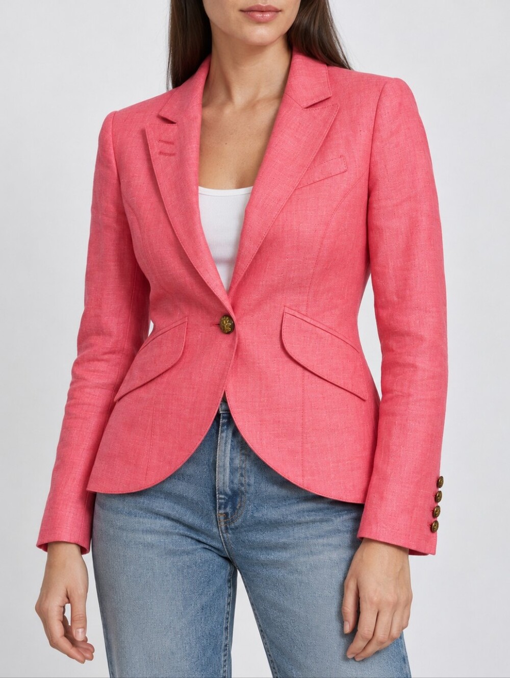 Smythe for TNT Duchess 100% Linen Blazer Light Coral Pink Gold Crest Button 6